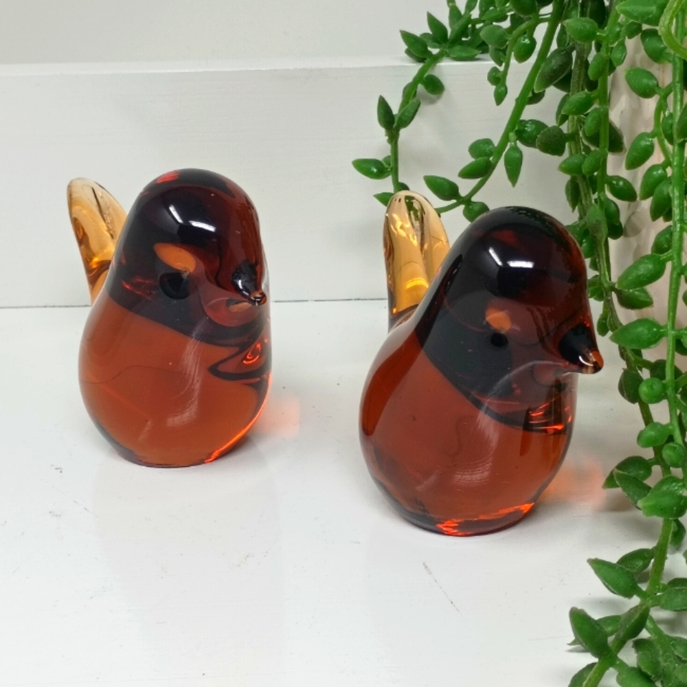 2 Honey Amber Glass Birds